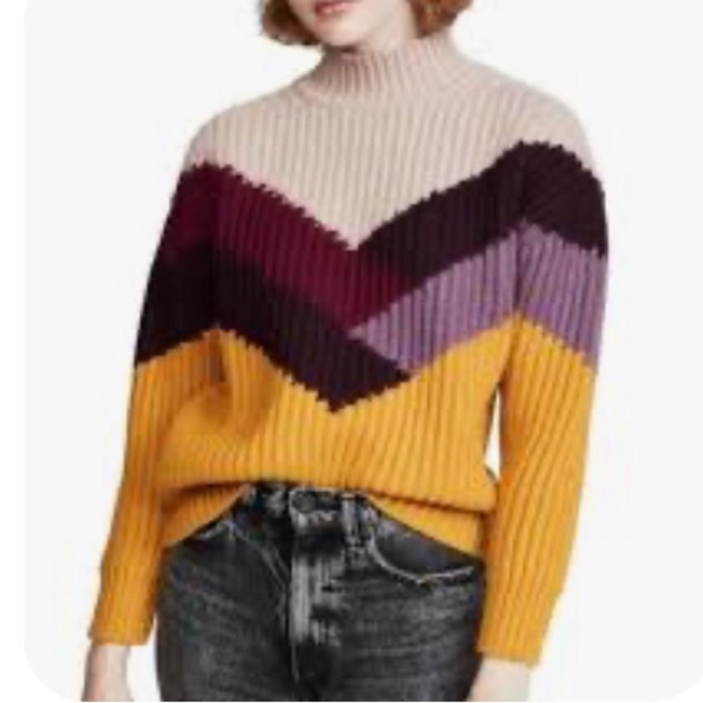 Ba & Sh Saffron Orlando Coloorblock Ribbed Mockneck Wool Sweater 1 size Small